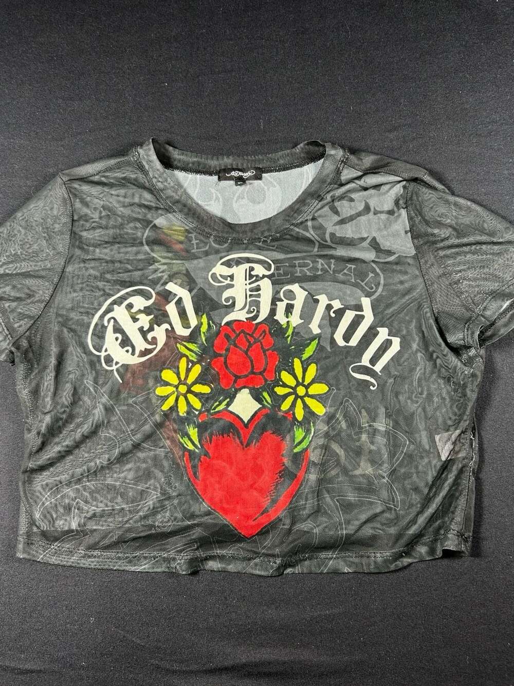 Ed Hardy Mesh Baby Tee Size XL Black Heart Rose Tattoo Graphic Crop Top
